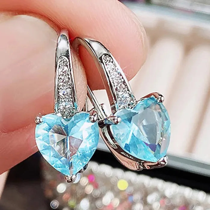 Silver Color Blue CZ Heart Earrings for Women Wedding Fashion Jewelry Gift