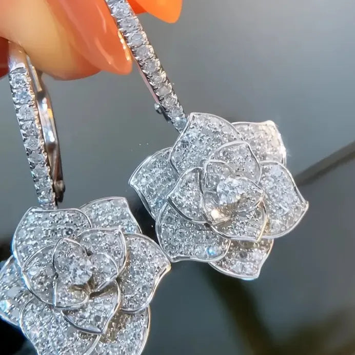 Luxury Geometric Flower Drop Earrings with Sparkling Cubic Zirconia