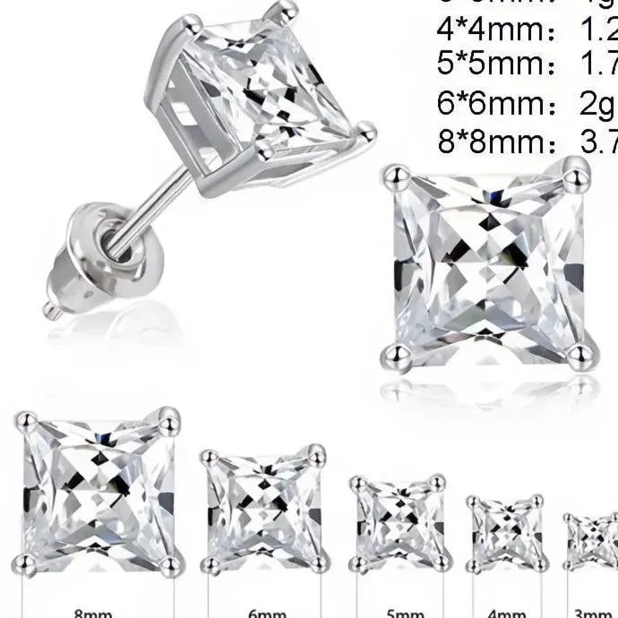 Square Cubic Zirconia Stud Earrings 5 Sizes Copper Geometric Gift