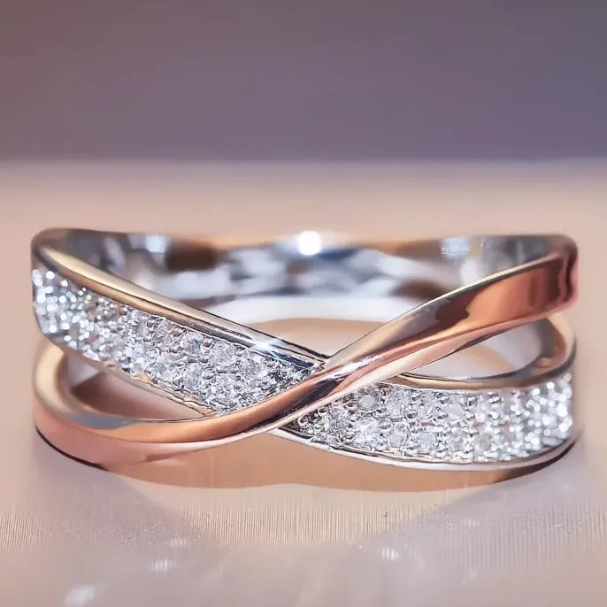 Newest Fresh Two Tone X Shape Cross Ring for Women Wedding Trendy Brass CZ Stone Large Modern Jewelry