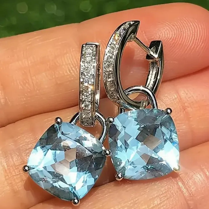 Elegant Cushion Cut Blue Cubic Zirconia Drop Earrings for Women and Girls