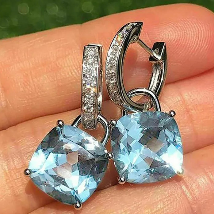 Cushion Cut Blue Cubic Zirconia Dangle Earrings for Women Copper Alloy