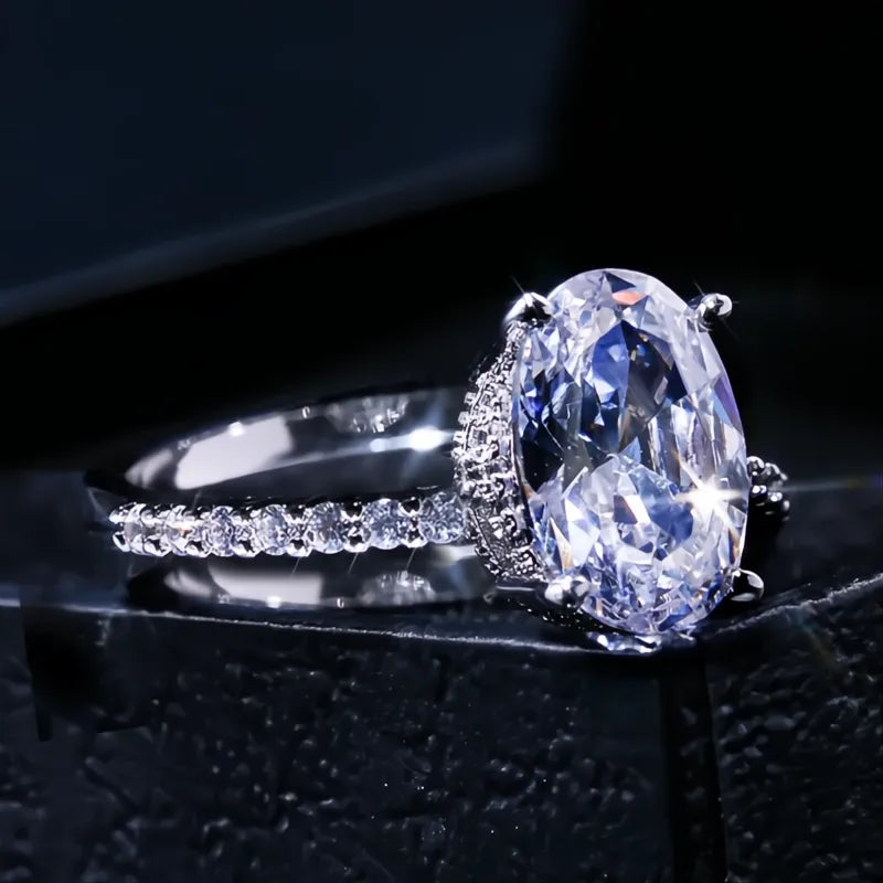 Oval Finger Ring Band with Dazzling CZ Stone Four Prong Setting Classic Wedding Anniversary Gift for Women