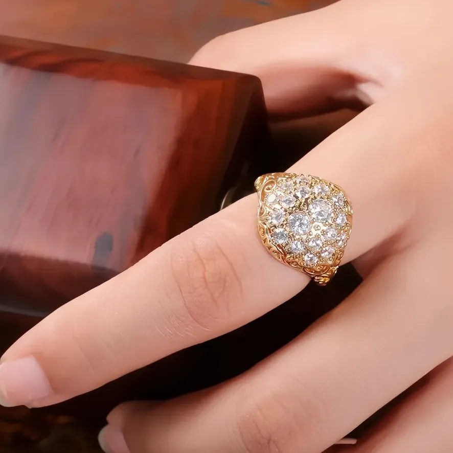 Gorgeous Gold Color Bridal Wedding Ring with Full Cubic Zirconia, Trendy Women’s Party Jewelry