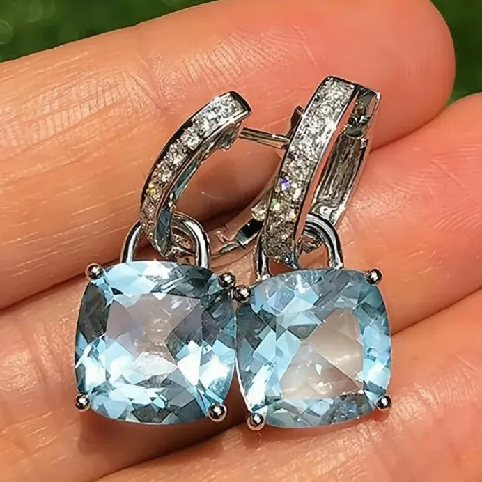 Elegant Cushion Cut Blue Cubic Zirconia Drop Earrings for Women and Girls