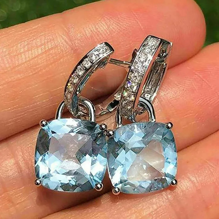 Cushion Cut Blue Cubic Zirconia Dangle Earrings for Women Copper Alloy