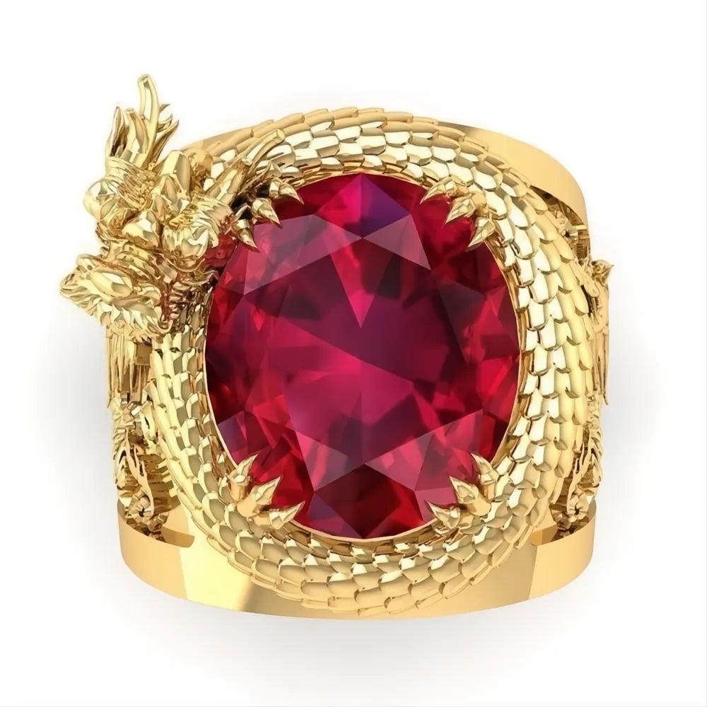 Luxury Gold Color Dragon Pattern Men Ring with Big Oval Red Cubic Zirconia Stone Wedding Party Jewelry