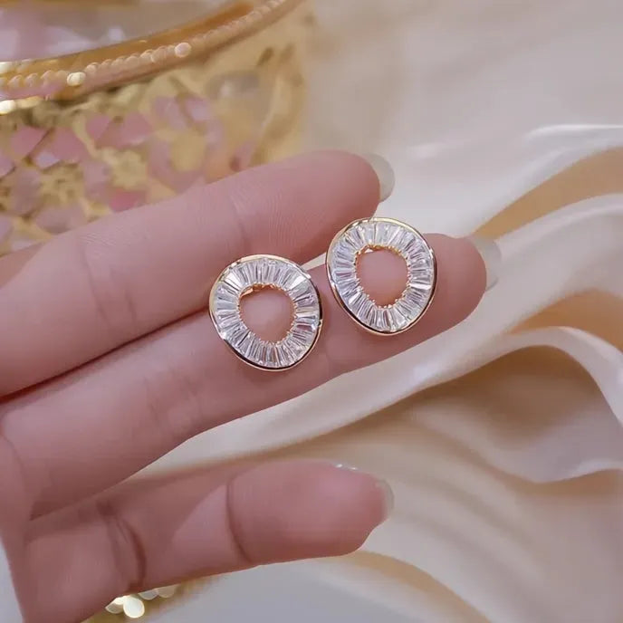 O Shaped Cubic Zirconia Stud Earrings for Women Copper Alloy Geometric Jewelry