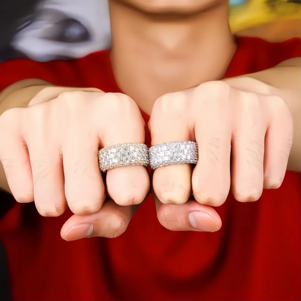 5 Row Iced Out CZ Bling Ring – Gold Silver Color Hip Hop Ring for Men