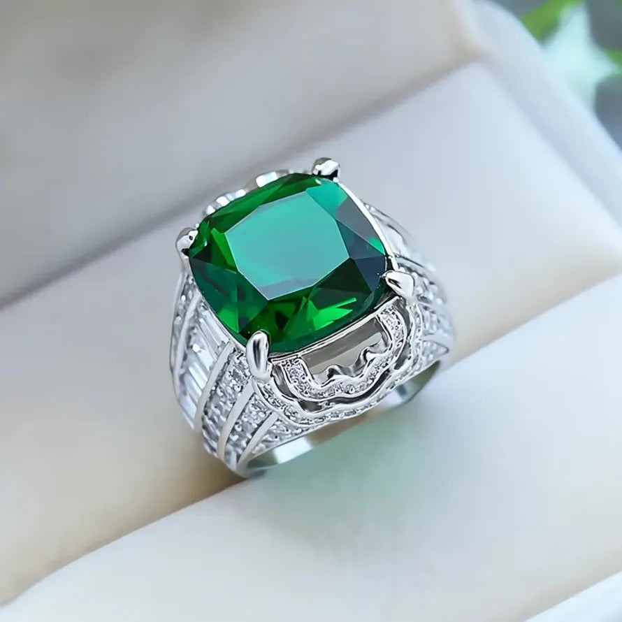 Square Green Stone Women Wedding Ring Micro Paved CZ Brass Engagement Jewelry