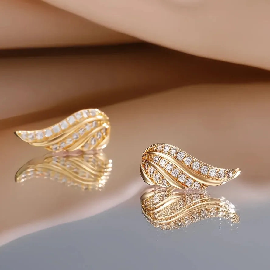 Copper Wing Stud Earrings for Women with CZ Stone, Silver & Gold Color, Geometric Design Gift Jewelry