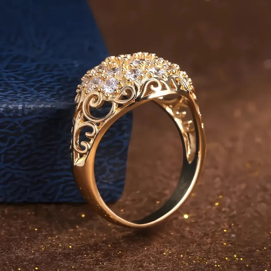 Gorgeous Gold Color Bridal Wedding Ring with Full Cubic Zirconia, Trendy Women’s Party Jewelry
