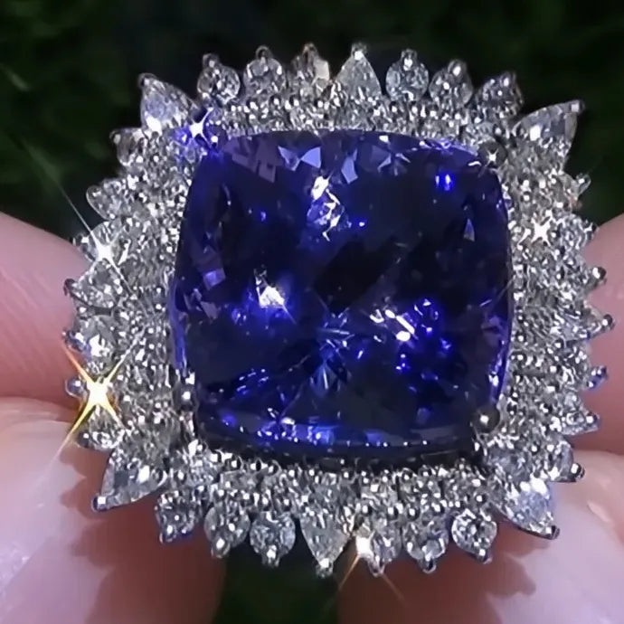 Blue Cubic Zirconia Geometric Brass Ring for Women Anniversary Gift