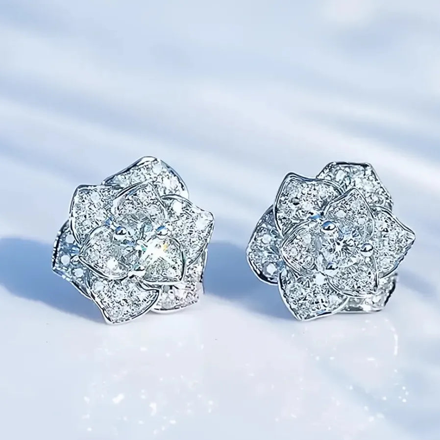 Geometric Cubic Zirconia Flower Stud Earrings for Women Silver Gift
