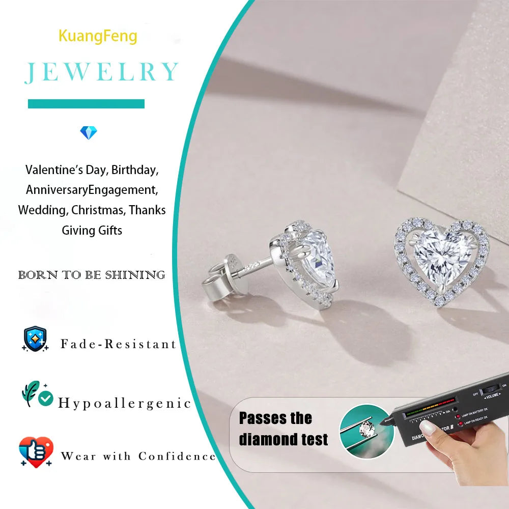 1.248CTW Heart Shaped Moissanite Stud Earrings 925 Silver Halo Gift Women