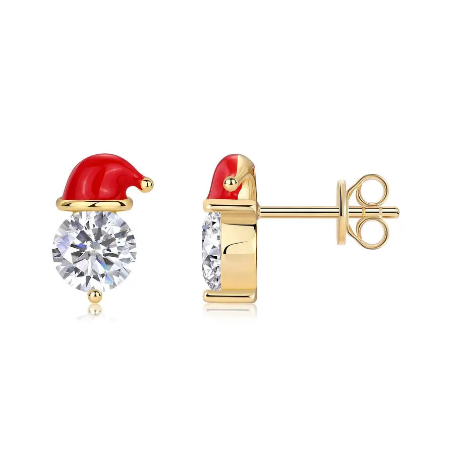 925 Sterling Silver Santa Hat Stud Earrings 18K Gold Plated 6.5mm Moissanite Jewelry for Women