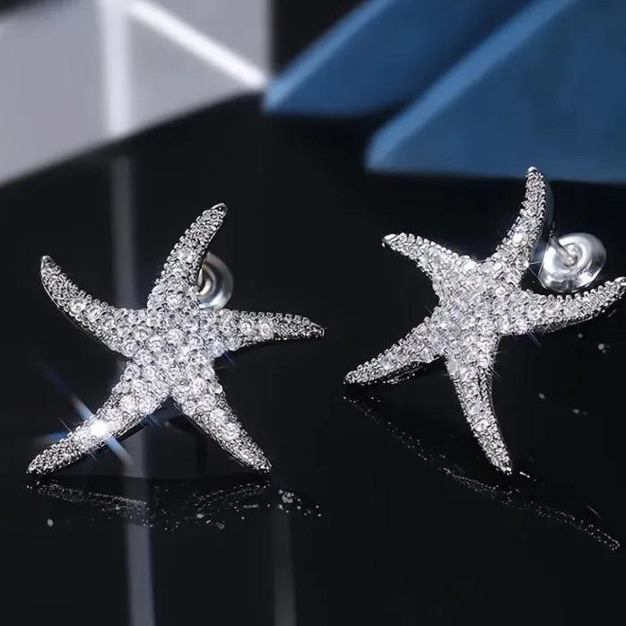 Starfish Geometric Brass Stud Earrings with Cubic Zirconia for Women