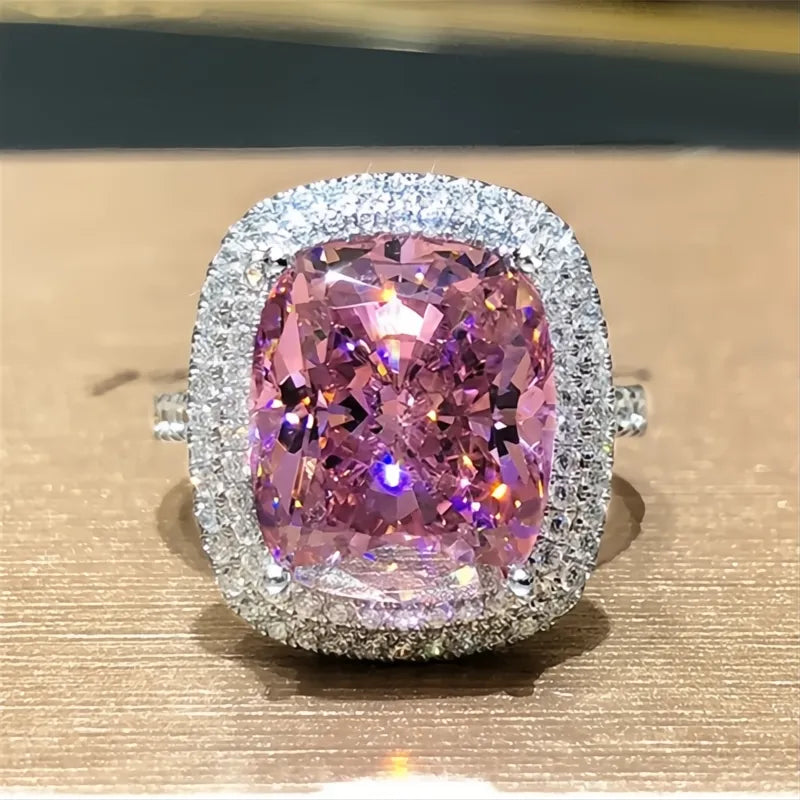 Personality Big Pink Cubic Zirconia Wedding Ring for Women Bridal Marriage Party Jewelry