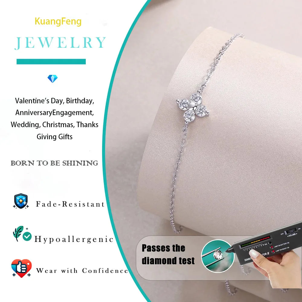 0.4 Carat Moissanite Bracelet Women 925 Sterling Silver Adjustable Four-Stone Flower Jewelry