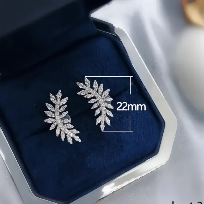 Silver Leaf Geometric Stud Earrings with White CZ Stone for Women