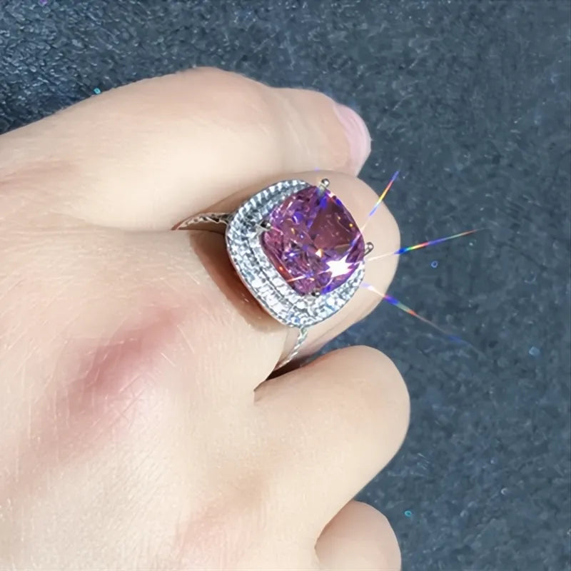 Personality Big Pink Cubic Zirconia Wedding Ring for Women Bridal Marriage Party Jewelry