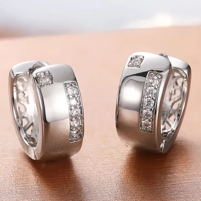 Small Geometric Hollow Hoop Earrings with White Cubic Zirconia Loop