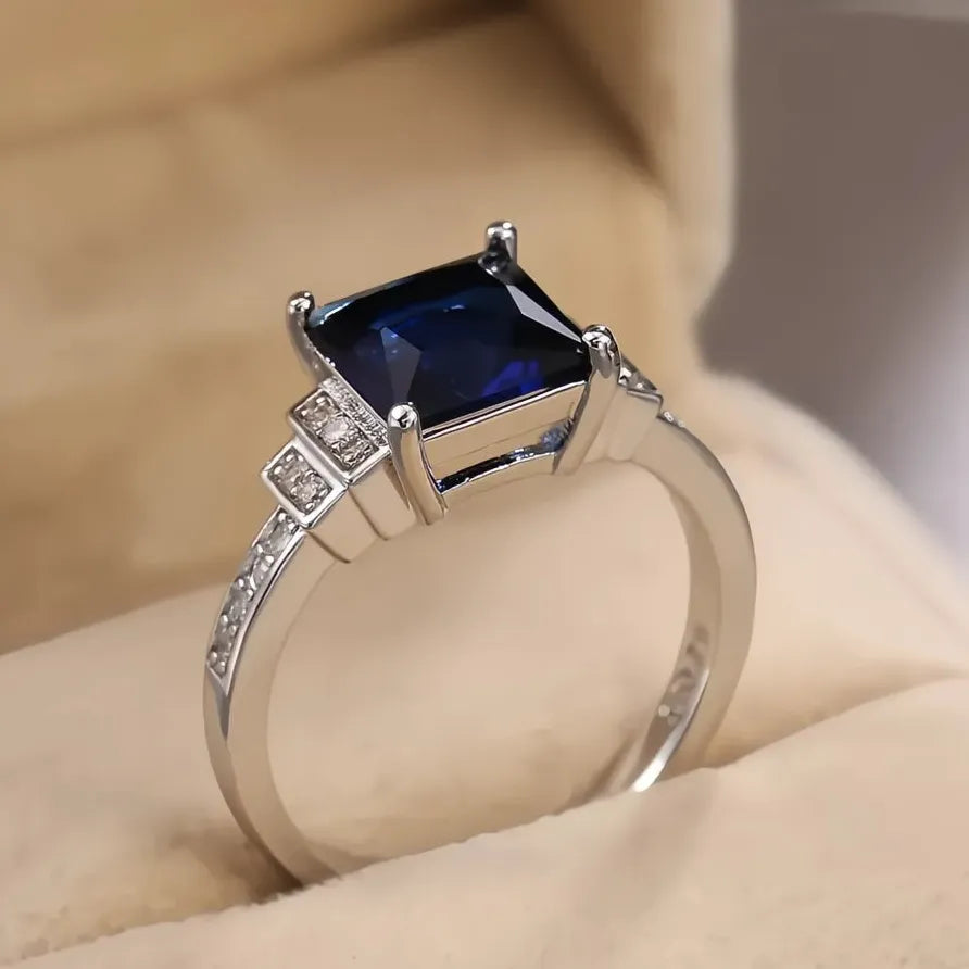 Vintage Blue Square Cut Zircon Women's Wedding Ring with Four Claw Design