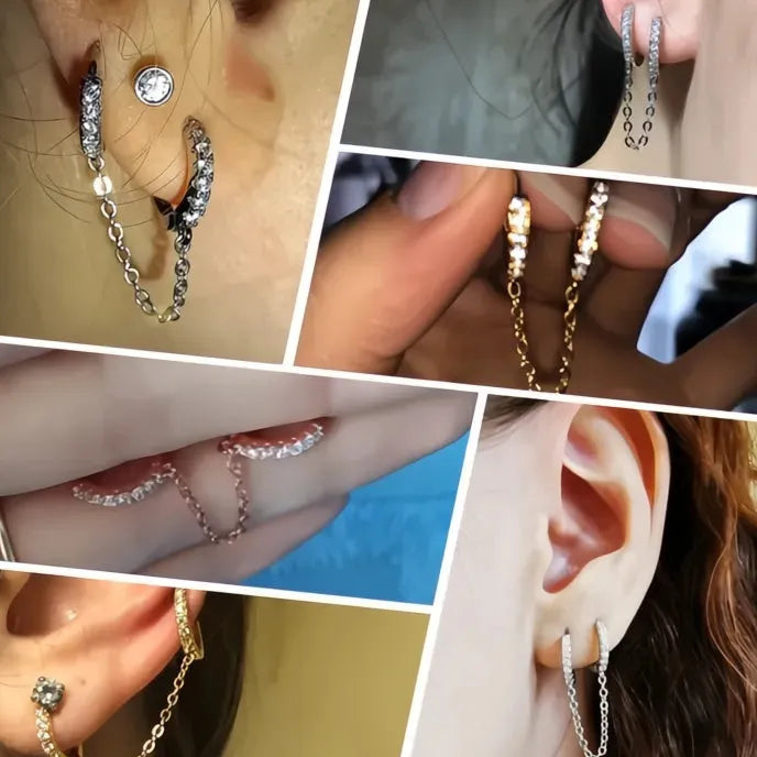 One PCS Two Hole Hoop Earrings for Women Cubic Zirconia Crystal Copper Chain Jewelry