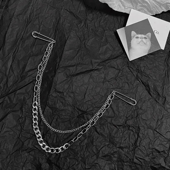 Geometric Zinc Alloy Brooch Double Pin Chain Clip for Men and Women