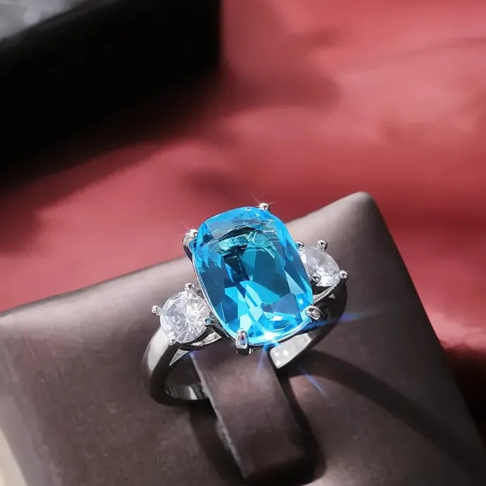 Bright Sky Blue Cubic Zirconia Geometric Brass Women’s Luxury Party Ring