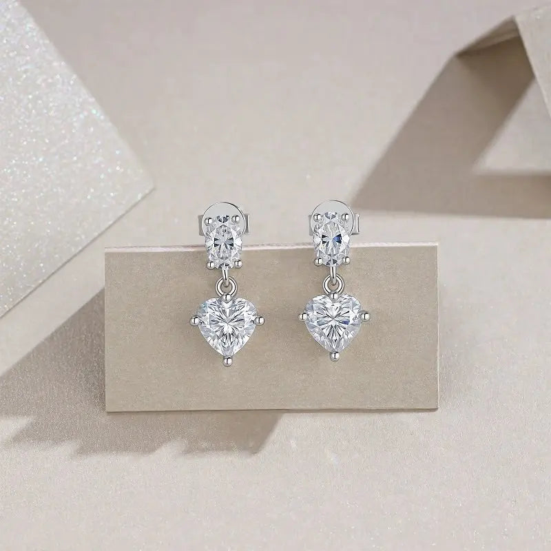 2pcs 925 Sterling Silver 3CTW Oval & Heart Moissanite Drop Earrings Women Jewelry