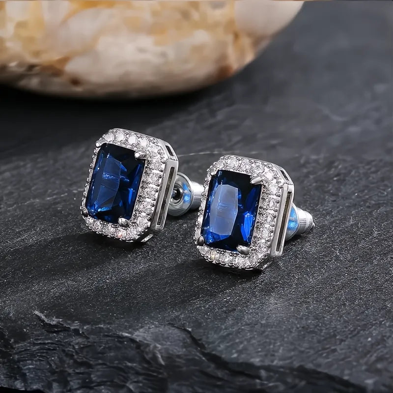 Rectangle Square Green Cubic Zirconia Stud Earrings for Women Elegant Party Anniversary Gift