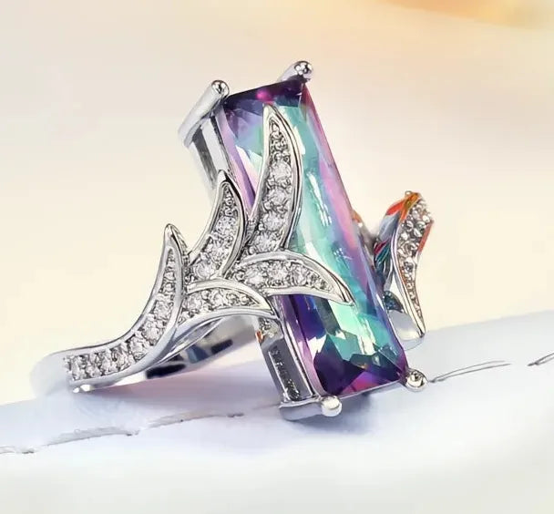 Silver Plated Copper Wedding Engagement Ring with Multicolor Cubic Zirconia for Women
