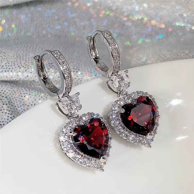 Blue Garnet Heart Cubic Zirconia Drop Earrings for Women Wedding Engagement Jewelry
