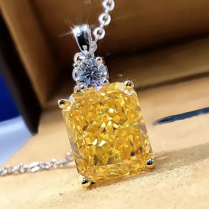 Gorgeous Yellow Square Cubic Zirconia Pendant Necklace for Women Delicate Engagement Jewelry Gift