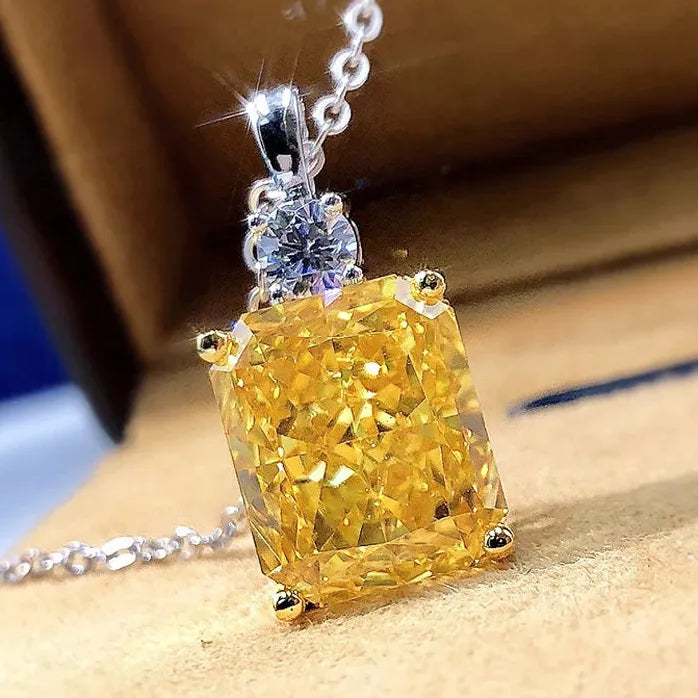 Yellow Square Cubic Zirconia Pendant Necklace Brass Engagement Gift