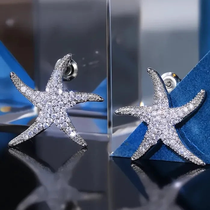 Starfish Geometric Brass Stud Earrings with Cubic Zirconia for Women