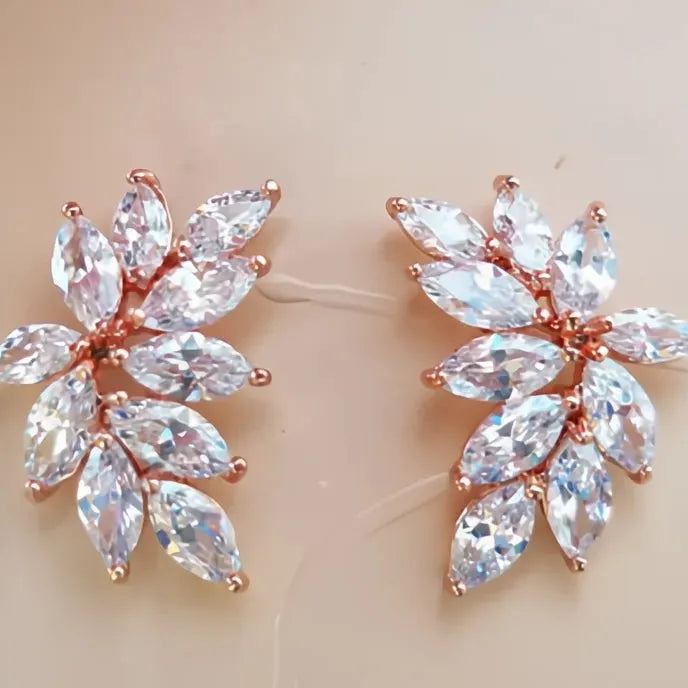 Chic Leaf Geometric Stud Earrings for Women with AAA Marquise Cubic Zirconia Copper Alloy Jewelry