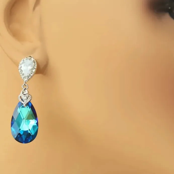 Elegant Blue Pear Shaped Drop Earrings for Women Bridal Wedding Jewelry