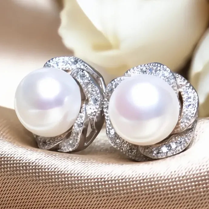 Flower-Shaped Imitation Pearl Stud Earrings for Women Copper Jewelry Gift