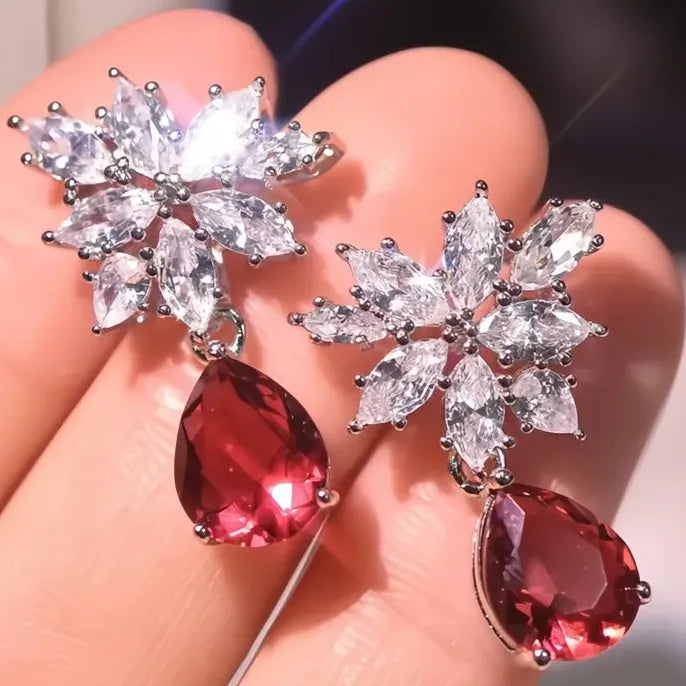 Red Water Drop Cubic Zirconia Dangle Earrings Copper Alloy Bridal Jewelry Women