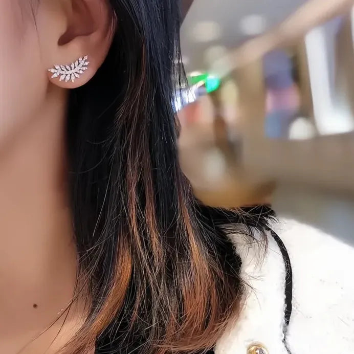 Silver Leaf Geometric Stud Earrings with White CZ Stone for Women