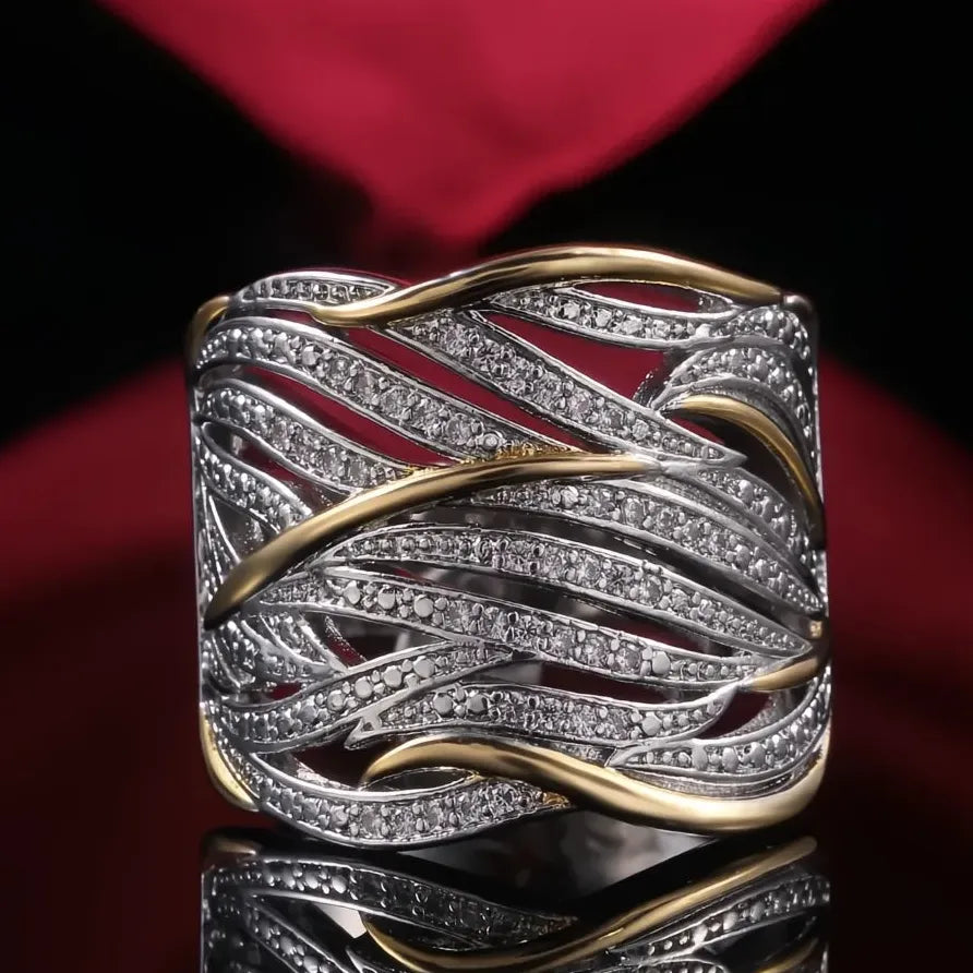 Two Tone Geometric Women’s Ring with Cubic Zirconia Fashion Jewelry