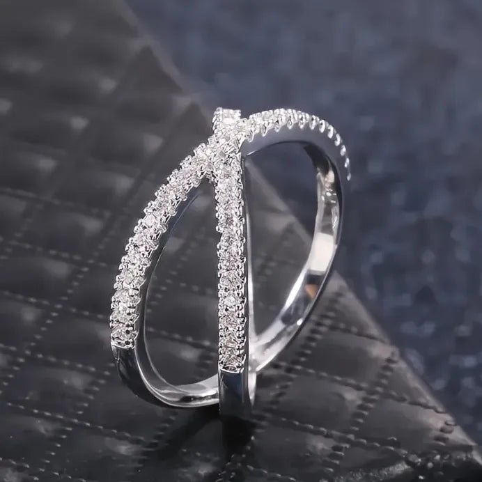 Women’s Luxury Cross X Shape Engagement Ring Silver CZ Paved Jewelry
