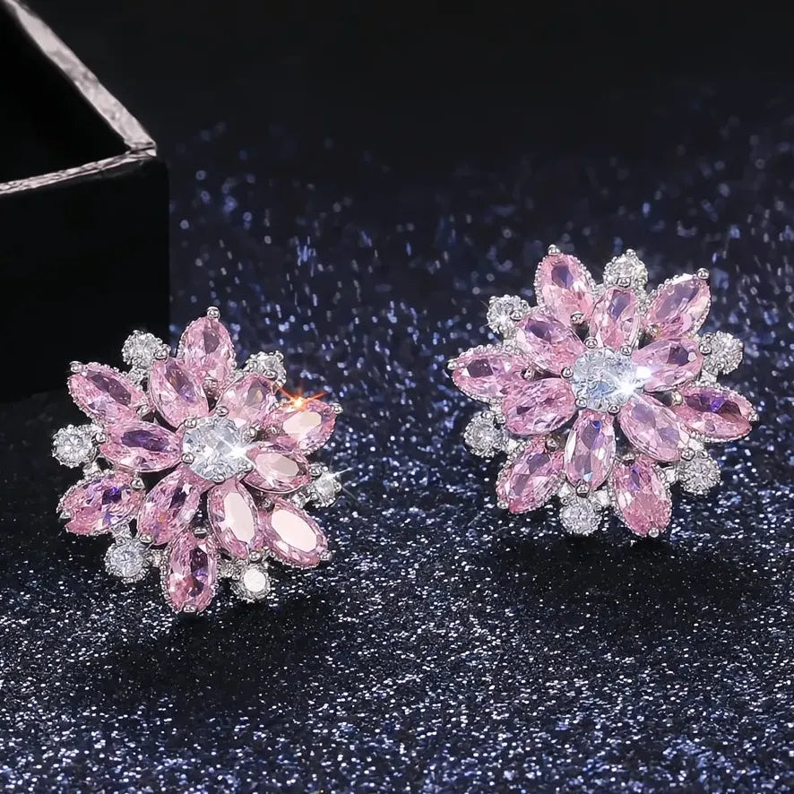 Double Layer Flower Stud Earrings with Cubic Zirconia Brass, 7 Colors Gift