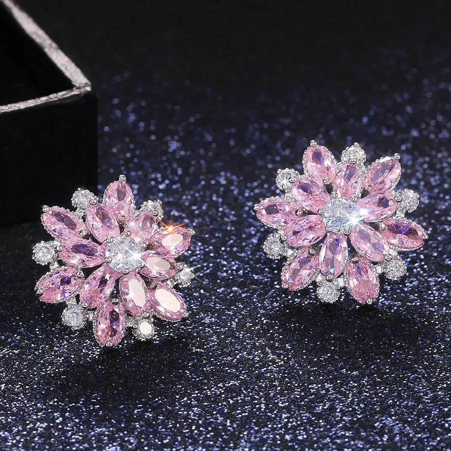 Double Layer Flower Stud Earrings for Women in 7 Colors with Cubic Zirconia