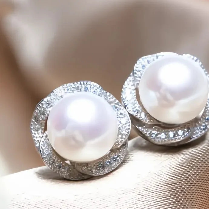 Flower-Shaped Imitation Pearl Stud Earrings for Women Copper Jewelry Gift