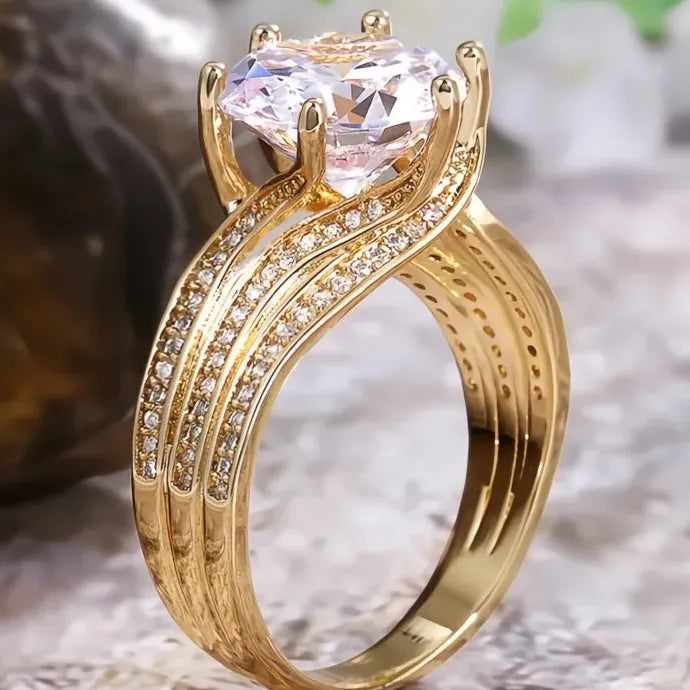 12MM Cubic Zirconia Geometric Bridal Wedding Engagement Ring Gold Brass
