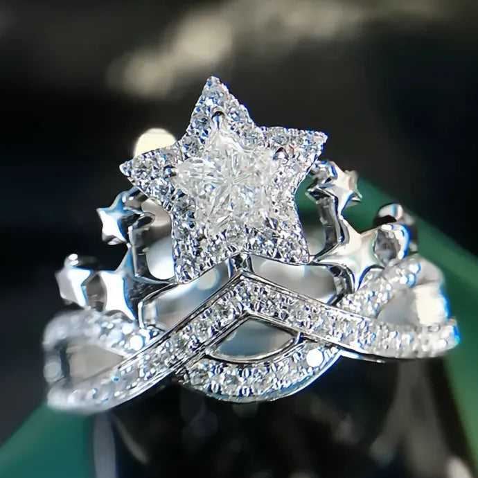 Women's Star Design Brass Ring with Cubic Zirconia Geometric Wedding Band Gift