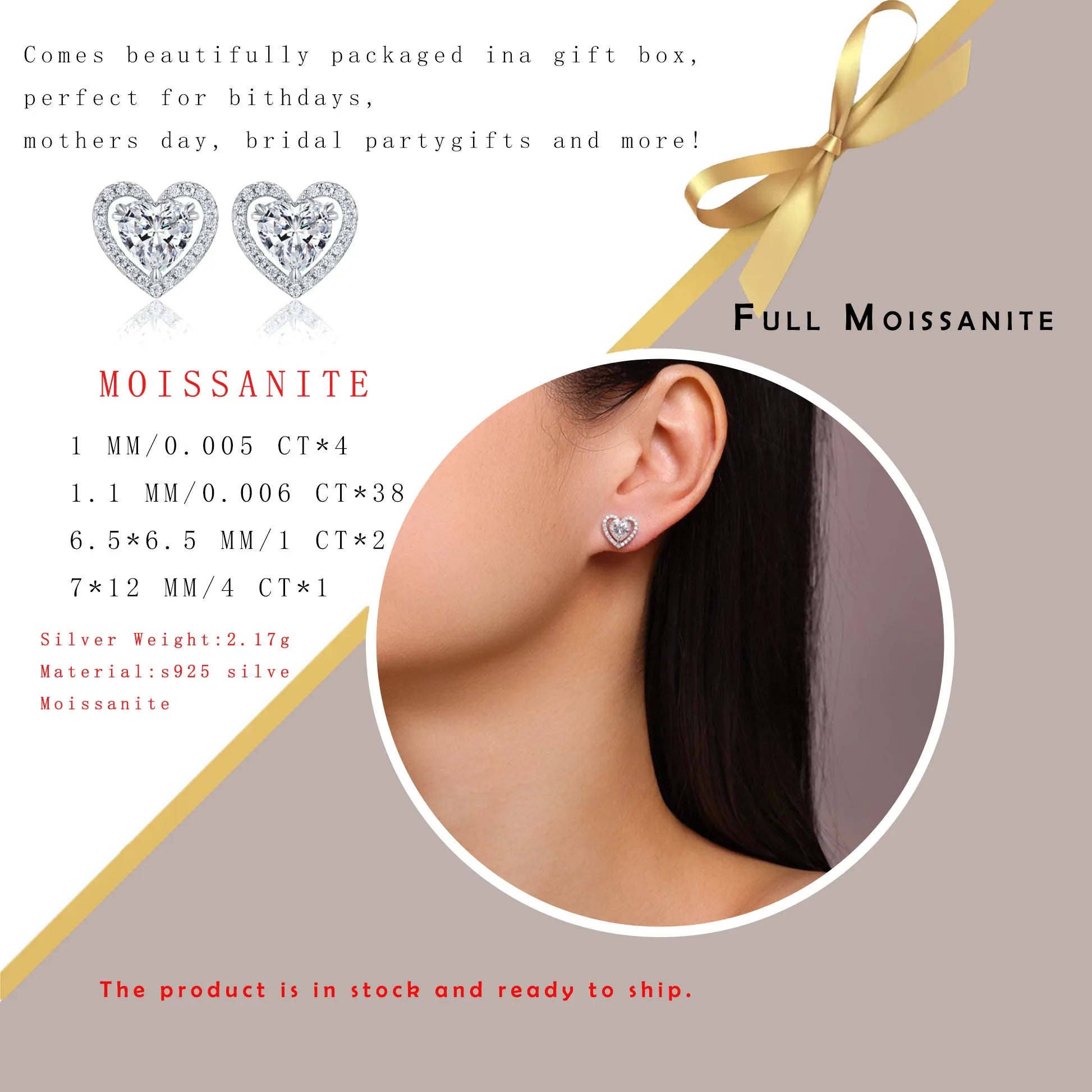 1.248CTW Heart Shaped Moissanite Stud Earrings 925 Silver Halo Gift Women
